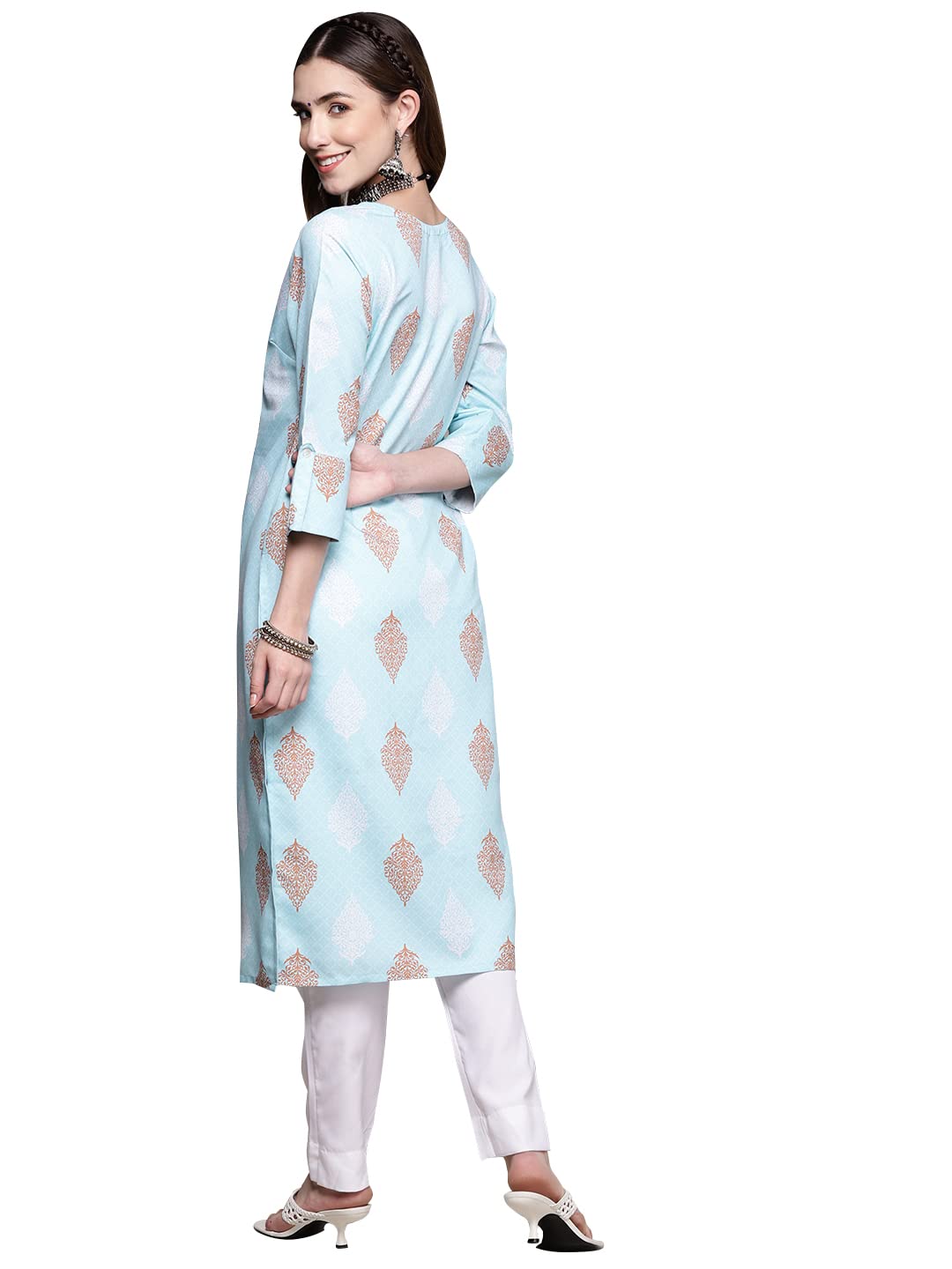 Ziyaa Women Rayon Women's Light Grey Poly Silk Straight Kurta And Pant Set (Zikury3455Andpa-Sky Blue-S)