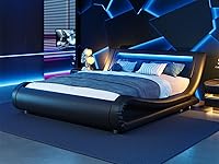 Vista 1 de WEEWAY Moderno marco de cama matrimonial con cabecera de luces LED RGBW, diseño de trineo tapizado de perfil bajo, soporte de listones de madera