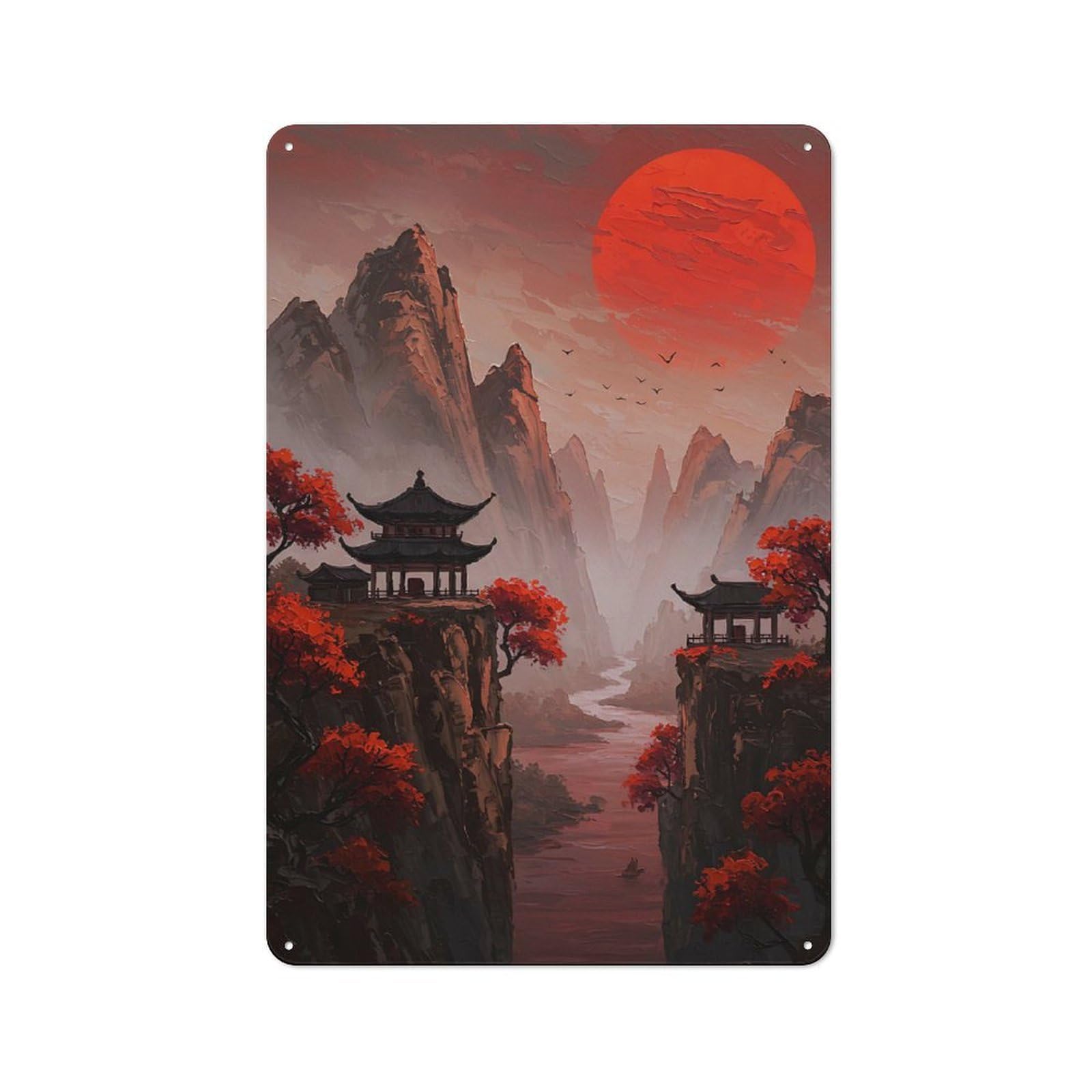 Vintage Cafe Metal Sign 30x20cm Featuring Red Sunset Over Mountains, Bistro Wall Plaque for Cafe, Bistro, Bakery Or Restaurant