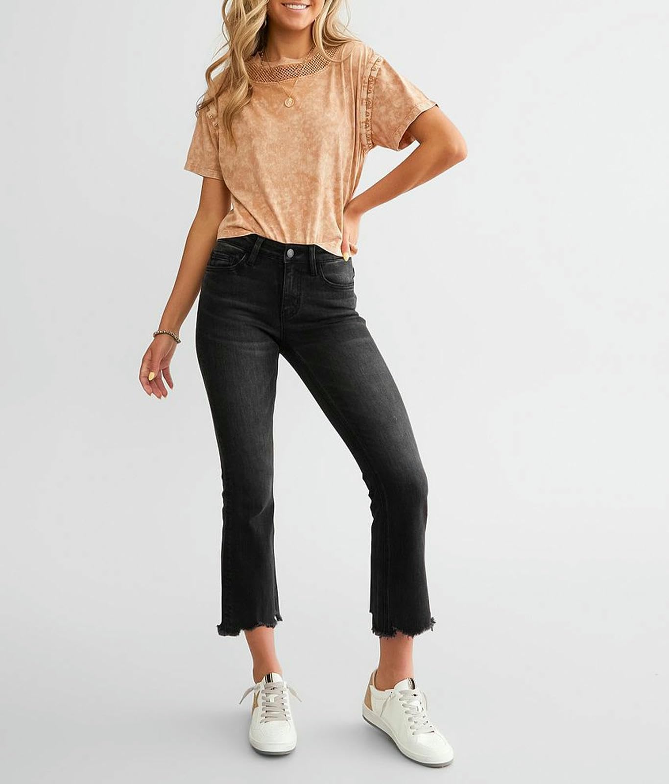 Jeans Donna Women's High-Rise Frayed Hem Cropped Slimbell-Bottom Pantaloni alla Moda Donne Stretch Skinny Jeans-Nero-XL
