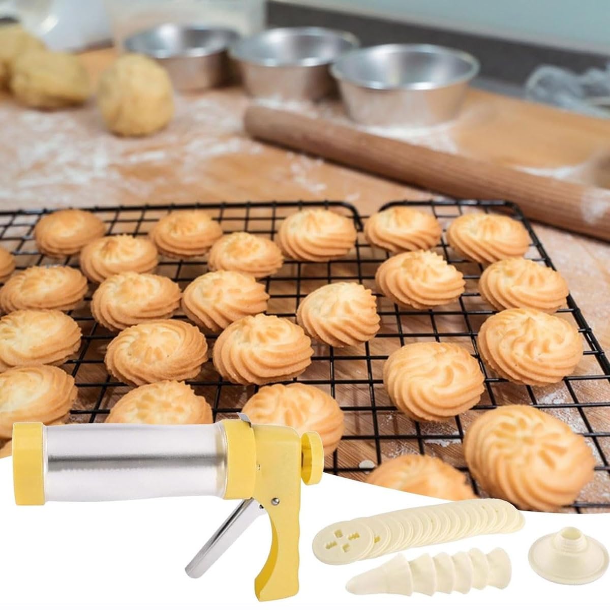 Máquina para hacer galletas con 16 discos de prensa de galletas y 6 puntas de glaseado, herramienta perfecta para hacer galletas Spritz, churros, chocolate y dulces