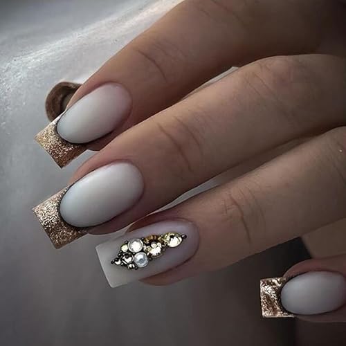 Uñas postizas cuadradas largas a presión, color rosa francés degradado, uñas acrílicas, con diamantes de imitación y diseño de flores, puntas de