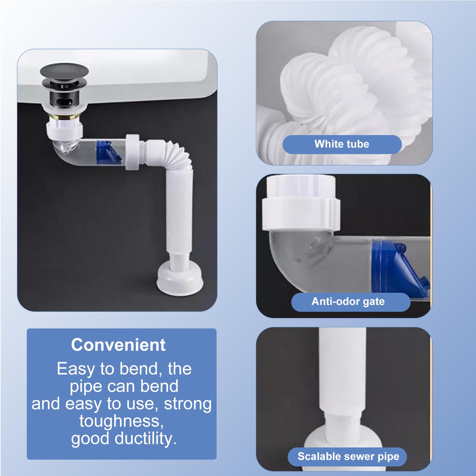 Hoxfly Flexible Space-Saving Sink Drain Pipe – 1-1/4 Inch, Extendable 380-800mm, Odor-Proof & Leakproof – Fits Wall Or Floor Drains For Kitchen, Bathroom, Restroom