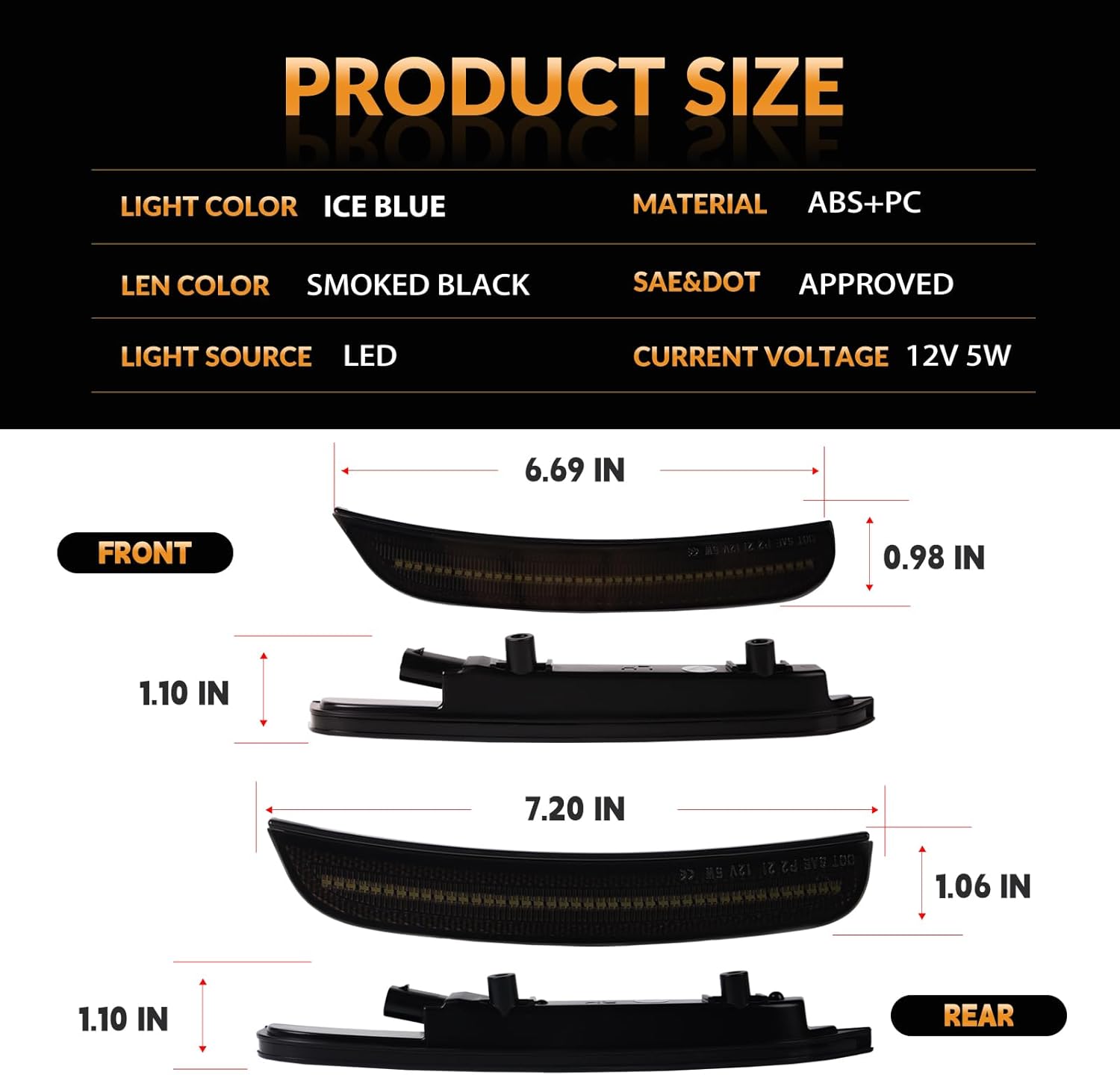 LED Side Marker Lights Front Rear Bumper Parking Signal Lamps for Dodge Charger 2015-2023 Smoked Len, Ice Blue