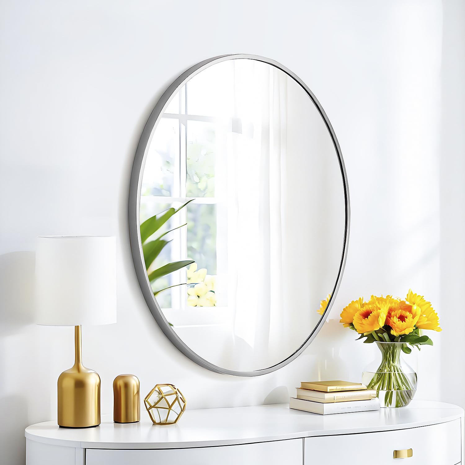 20x30 Oval Mirror Round Full Length Wall Mounted Hanging or Against Wall Metal Frame Dressing Make-up Mirrors for Entryway Bedroom Bathroom Living Room 30 20 inch Silver