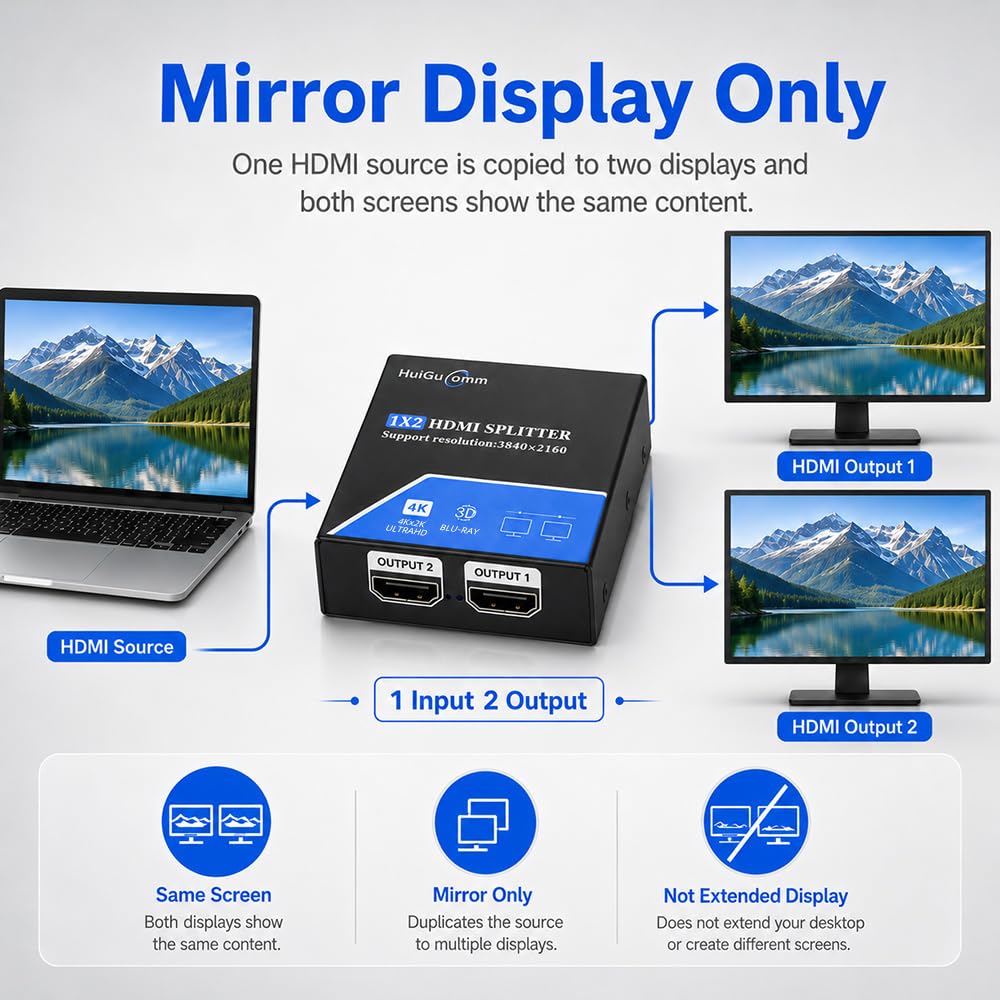 Répartiteur HDMI 1 en 2 sortie, 4K 30Hz 1080P 60Hz 1X2 Powered HDMI Splitter pour Double Moniteurs, Miroir Affichage Uniquement pour Ordinateur Portable PC TV Projecteur HDTV