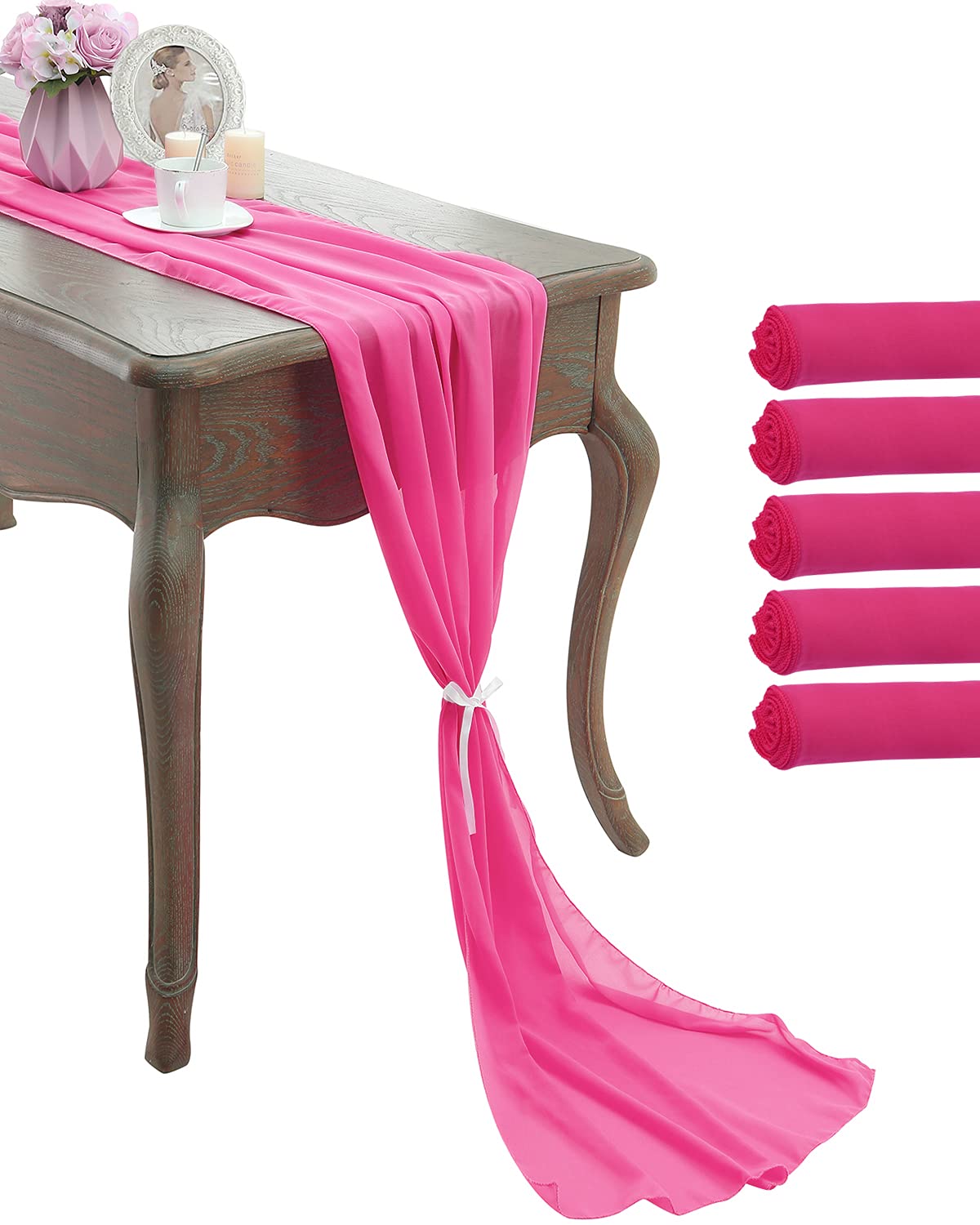 ABXLNIU10 Ft Hot Pink Chiffon Table Runner 5 Pack 27 x 120 Inches Romantic Wedding Runner Sheer Decorations for Wedding Decor Bridal Party