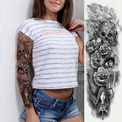 6 Sheets Full Arm Temporary Tattoo, Waterproof Extra Large Black Skull Rose Temporary Tattoos for Men and Women, Adults Body Art Tattoo Sticker Fake Tattoo