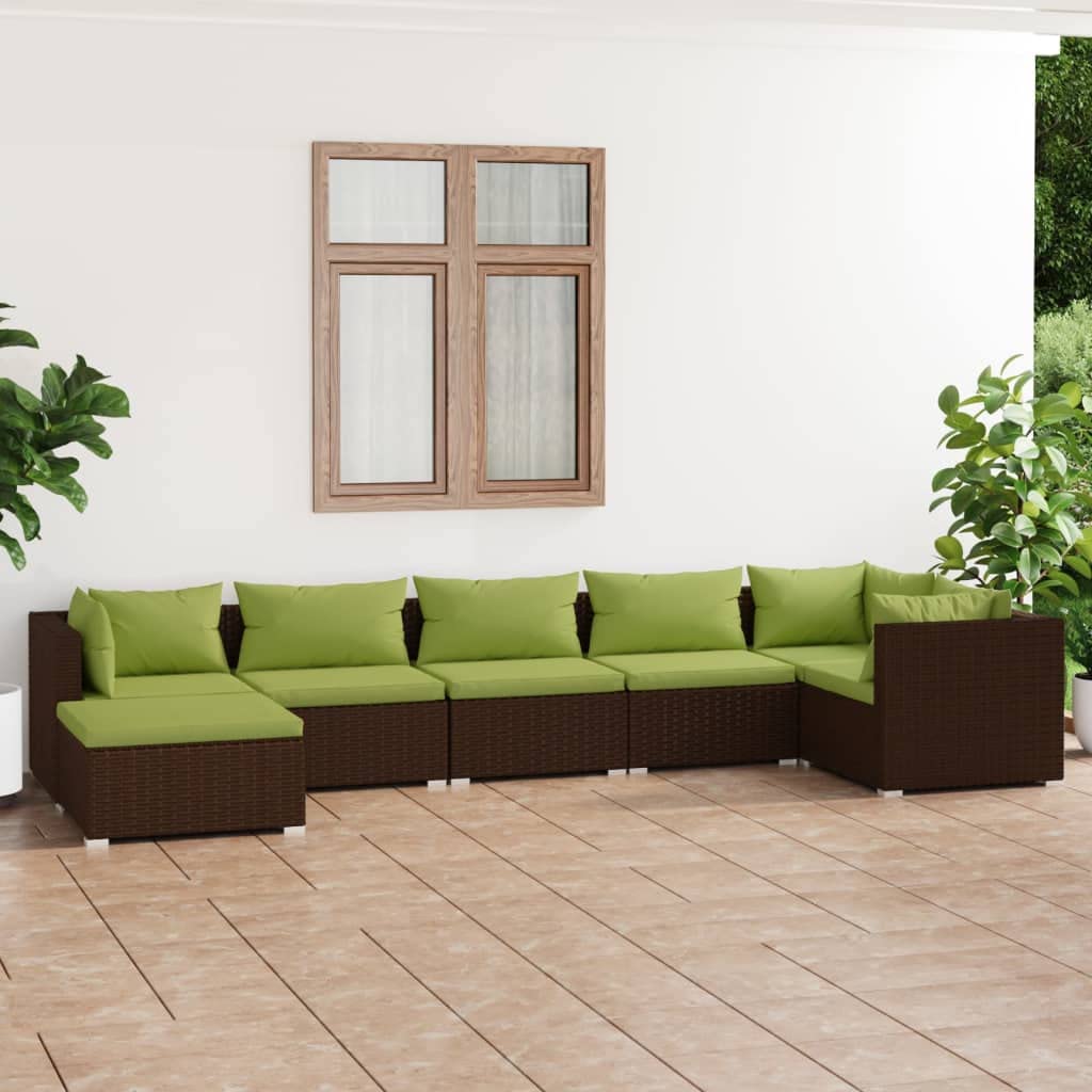 Juego de 7 muebles de jardín de polirratán con cojines, diseño modular, ratán PE impermeable, estructura estable de acero con recubrimiento de polvo, patas de plástico cromadas