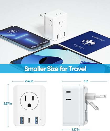 Miniatura 6 de kakyanill - Adaptador de enchufe de viaje europeo, adaptador de enchufe europeo plegable 7 en 1 con 4 salidas de CA, 3 puertos de carga USB,