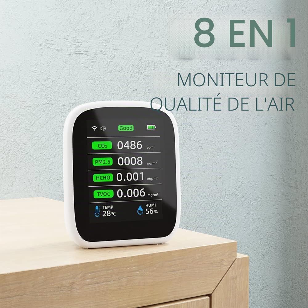 Irfora Tuya WiFi Portable 8 en 1 PM1.0 PM2.5 PM10 CO2 CO2 TVOC HCHO Testeur de température et d'humidité Écran couleur LCD Détecteur de dioxyde de carbone avec fonction d'affichage de l'heure et de la