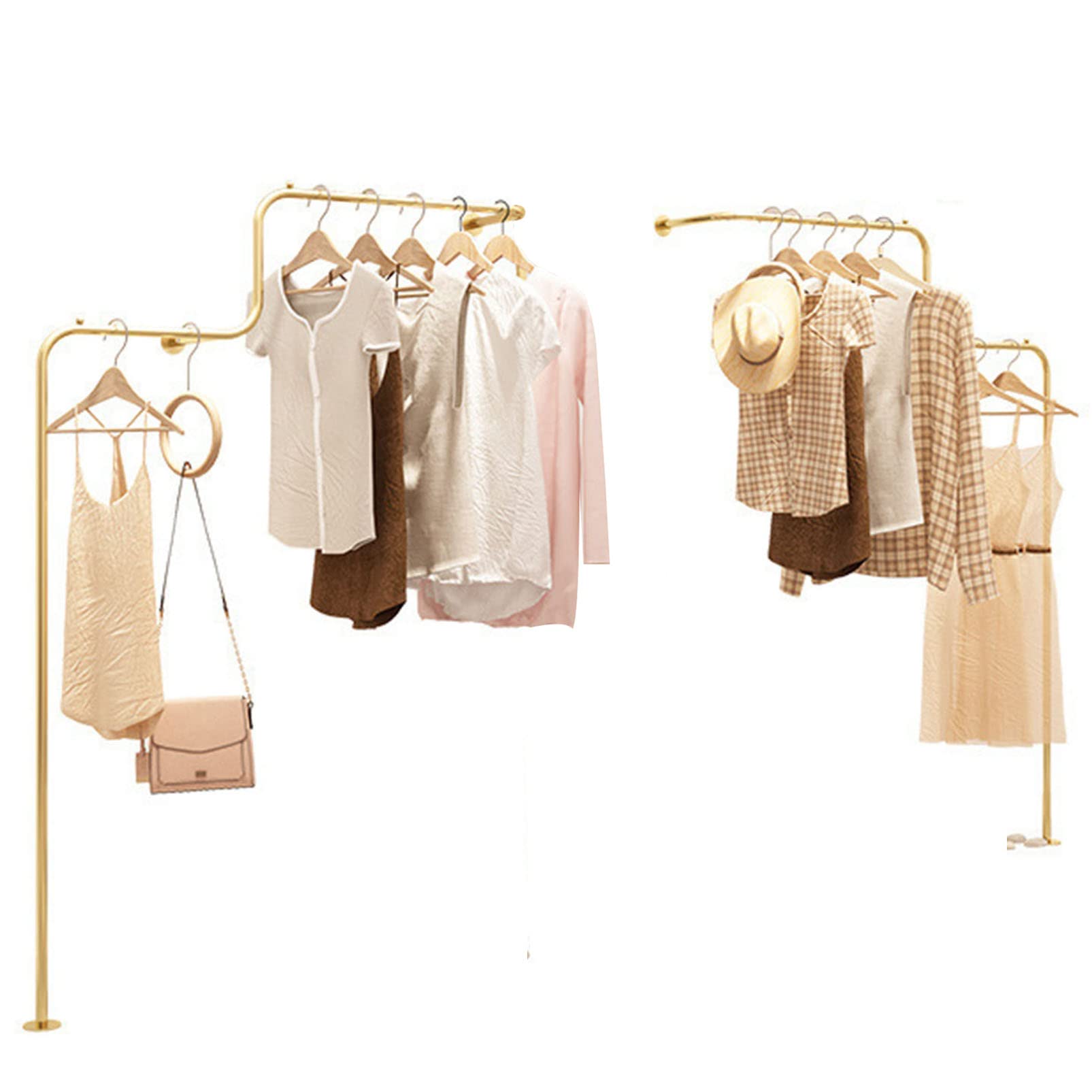 YNBSHGAA Wall Mounted Clothes Hanging Shelves System Clothes Rail, 2 Pcs Creative Clothing Rack Retail Display Stand, Boutique Store Garment Rack Gold Hanging Rods, Closet Organiz,150CM
