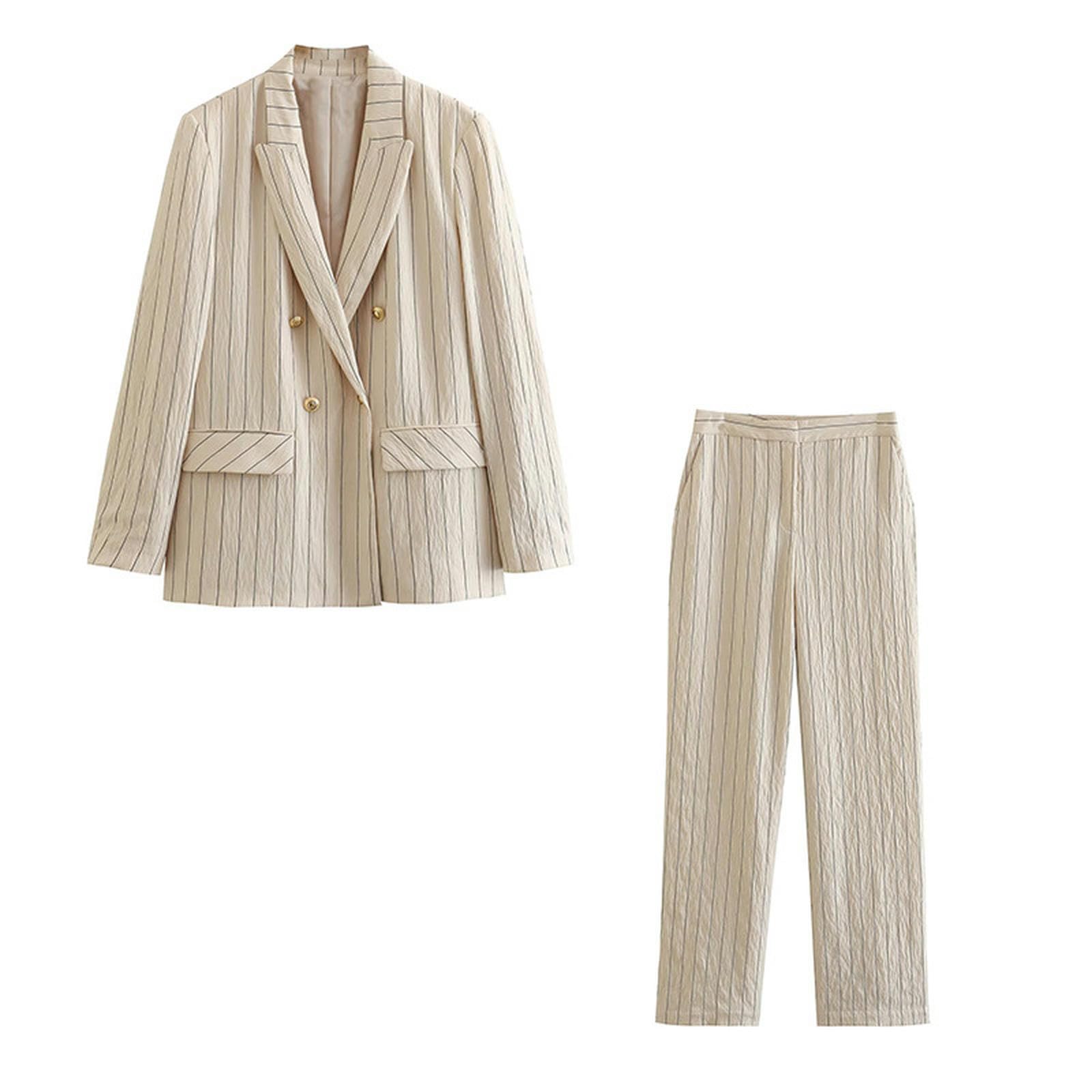 Traje de Mujer Conjuntos de Blazers Mujer 2 Piezas Moda Rayas Oficina Blazers Abrigo Chaqueta Mujer Pantalones Trajes Mujer Trajes de Primavera-Conjunto de 2 Piezas-M