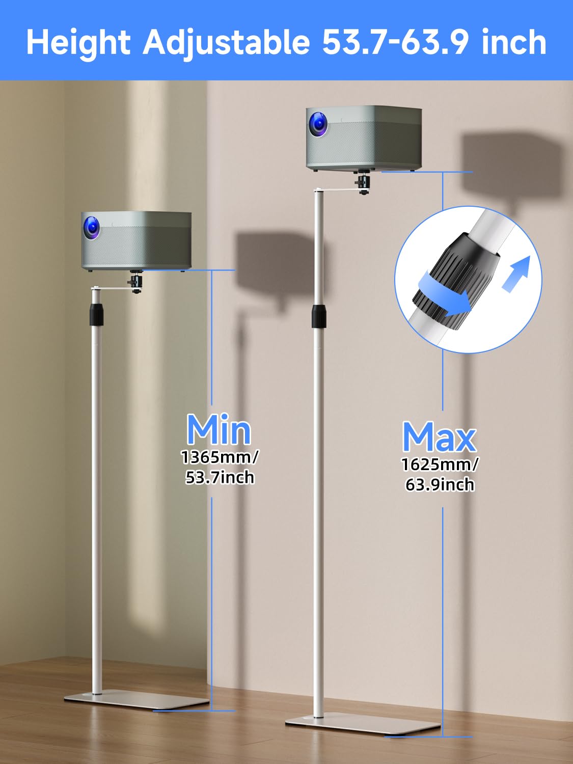 suptek Stojak do projektora obracany o 360°, sofa pod ścianę, ukryty projektor, stojak podłogowy, regulacja wysokości, uchwyt podłogowy mini projektora, kompatybilny z HomeOffice Video DVR, biały