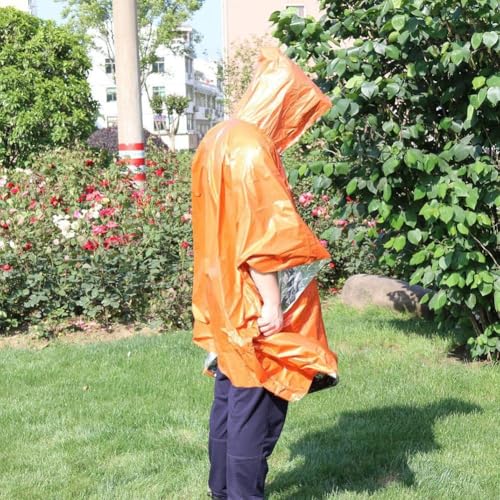 First Aid Raincoat Portable Survival Rainwear Thickened PE Waterproof Windproof with Reflective Trim for Hiking Outdoor Camping, Orange