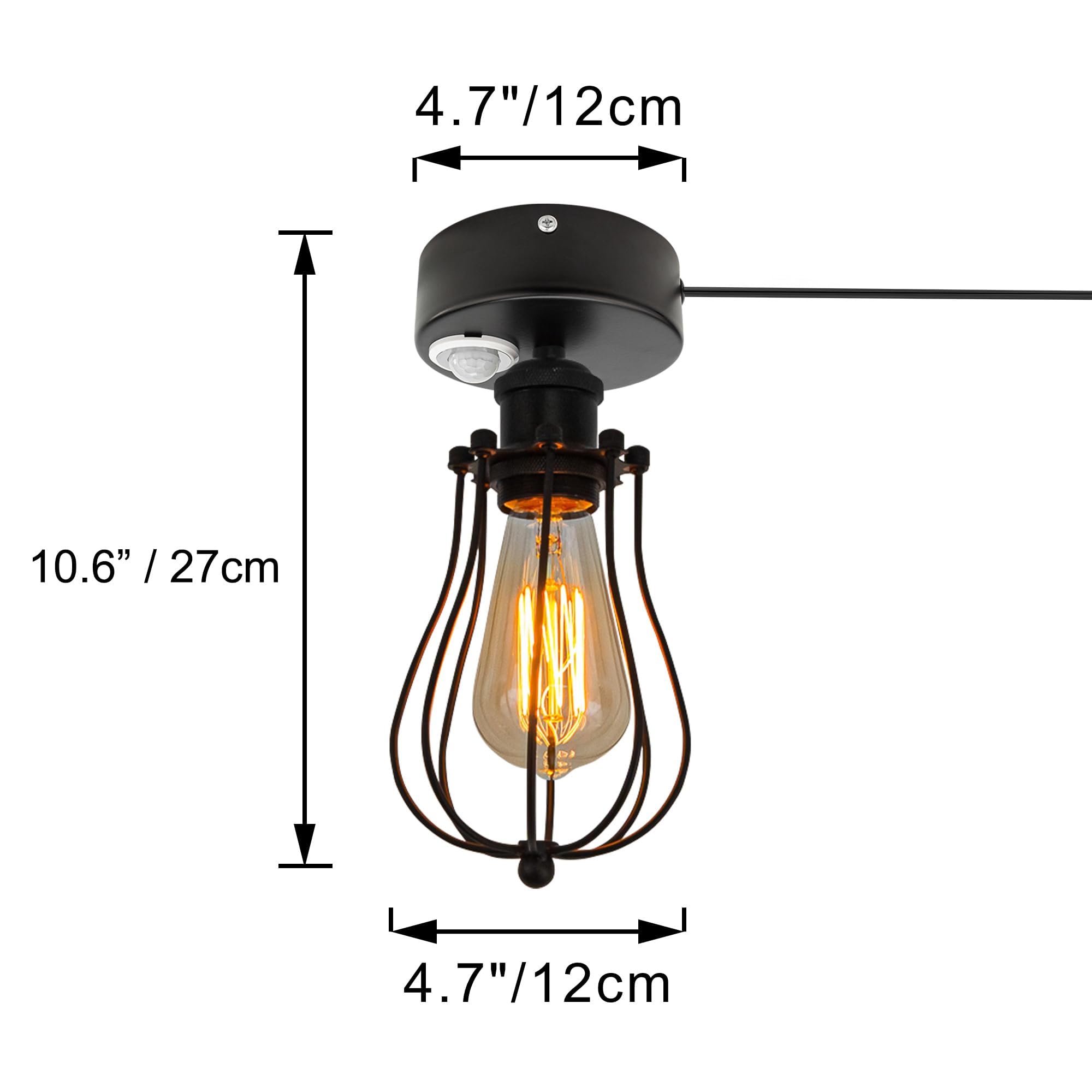 Plafoniera con sensore di movimento interno, lampada da soffitto in ferro industriale, sensore di movimento radar con cavo da 4,5 m e portalampada E27, per corridoio, bagno, garage, scale,