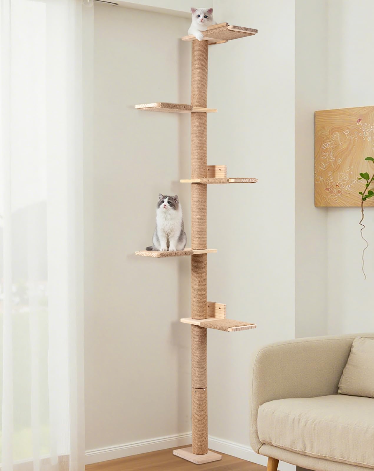PawGiant Rascador de Pared para Gatos de 5 Niveles (213 cm), Árbol Torre de Escalada de Madera con Postes de Sisal y Plataformas, Mueble Vertical Ahorro de Espacio para Gatos Pequeños y Medianos