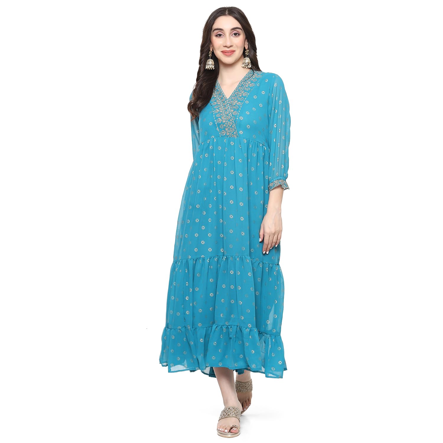 Rangriti Blue Polyester Printed Dress for Women in blue