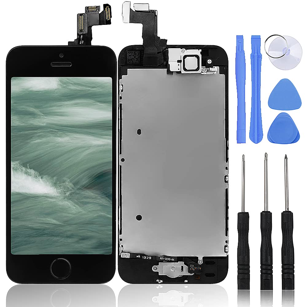 for iPhone 5s Digitizer Screen Replacement Black - Ayake 4' Full LCD Display Assembly with Home Button, Front Facing Camera, Earpiece Speaker Pre Assembled and Repair Tool Kits