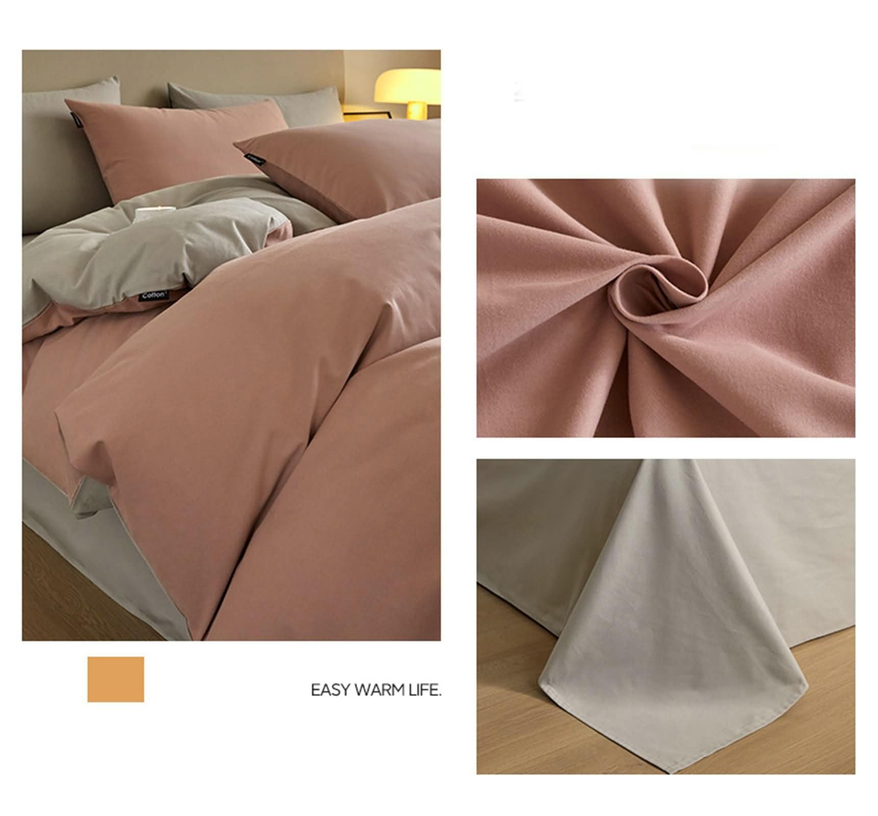 4-częściowy zestaw pościeli, poszwa na kołdrę 220 x 240 cm, prześcieradło 240 x 270 cm, 2 poszewki na poduszki, dwukolorowa, jednokolorowa, miękka bawełna, pyłowo-różowo-szary