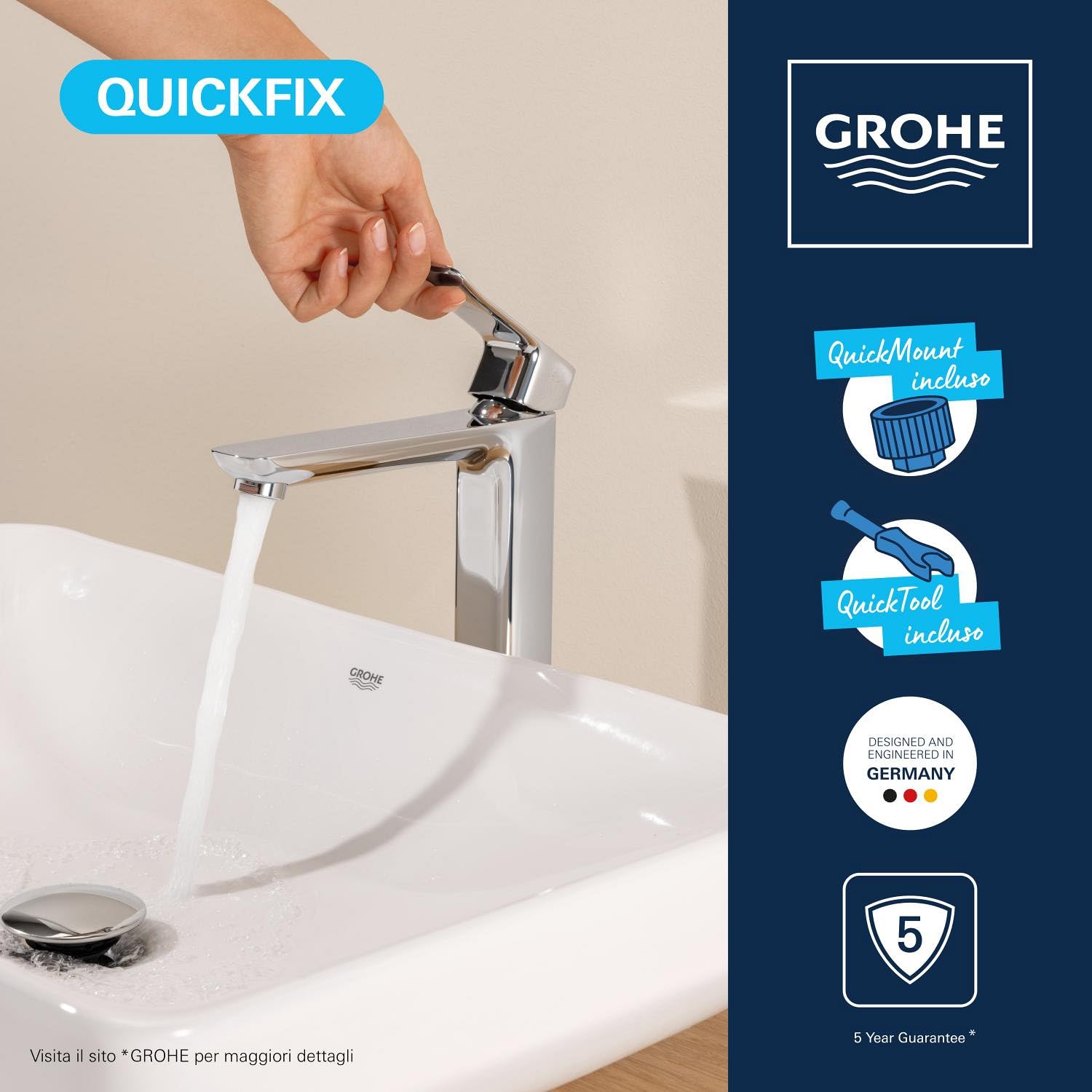 GROHE Dice Rubinetto miscelatore a corpo liscio per lavabo da appoggio (XL-Size 270 mm, cartuccia ceramica 28 mm, risparmio idrico, facile da installare), cromo, 1018920000