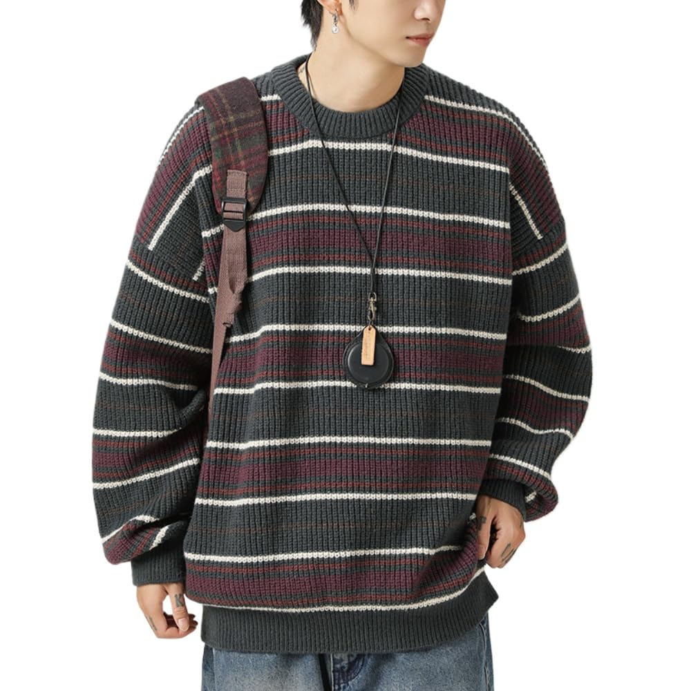 POHADON Y2k Herren-Pullover, gestreift, Vintage, ästhetisch, Opa, Strickpullover, Tops, langärmelig, Rundhalsausschnitt, Grunge-Kleidung