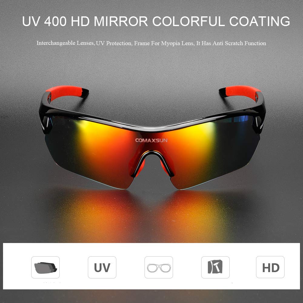 COMAXSUN Polarized Sports Sunglasses with 5 Interchangeable Lenses for Men Women Cycling Running Baseball Glasses (Black Red)