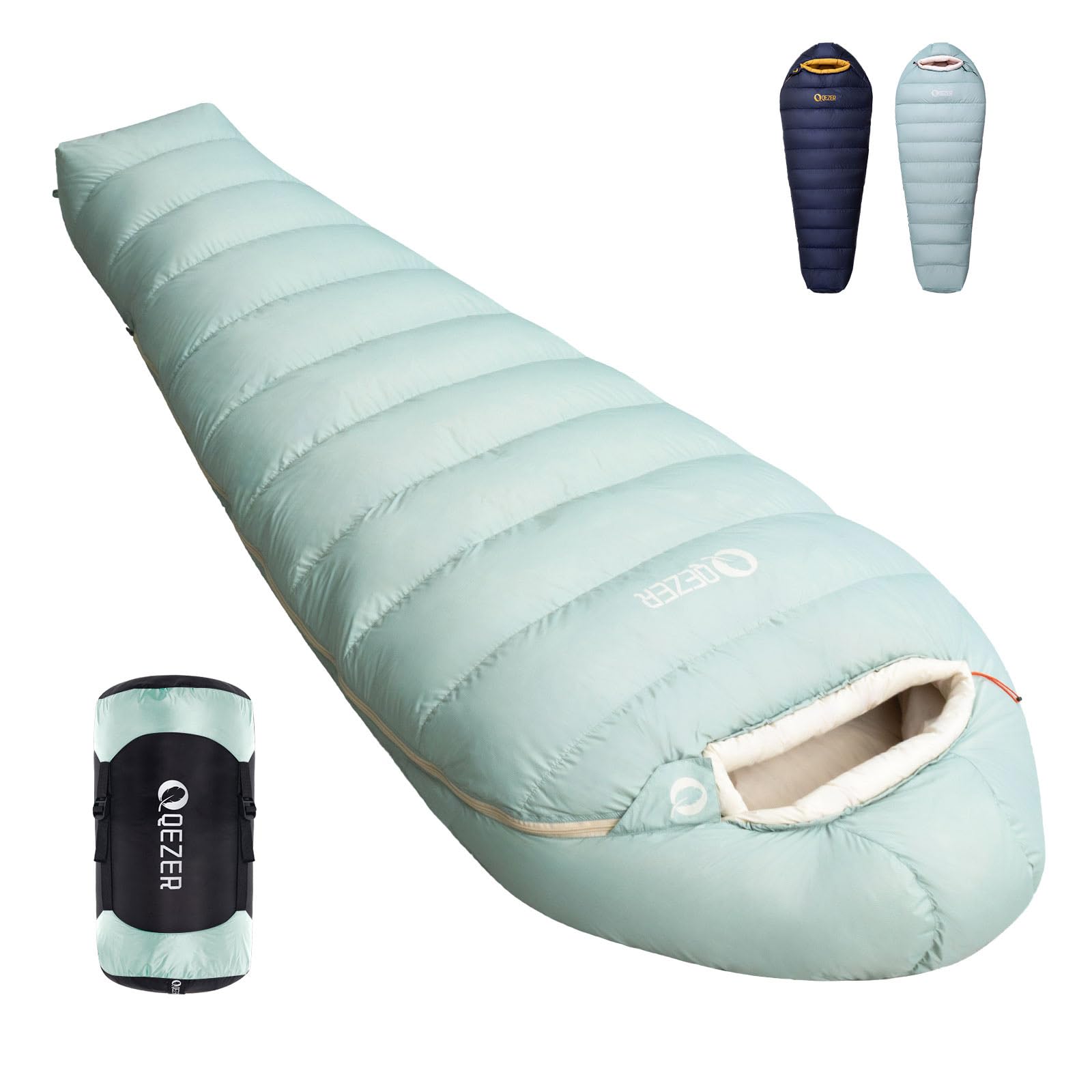 QEZER Down Sleeping Bag, XL Lightweight Sleeping Bag [1200g] for Adults and Teens Camping, Hiking,Backpacking Outdoor with 620FP Duck Down 4 Season (Beangreen, 1000g down)