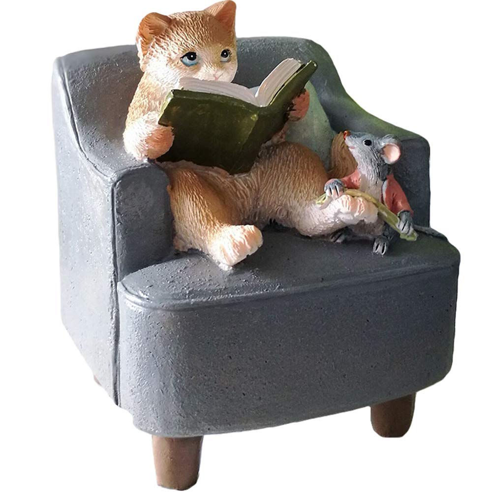 Amusing Mini Cat Reading Statue Figurine Ornament Home Garden Lawn