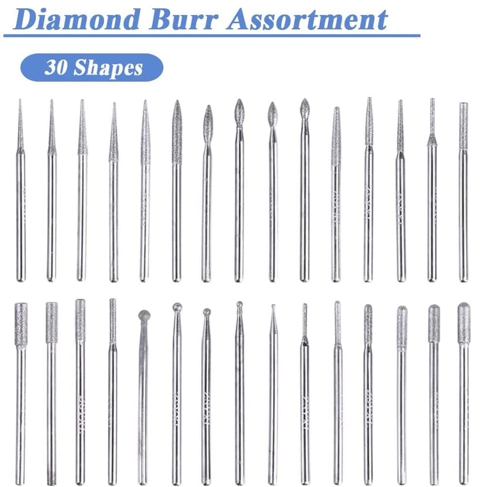 Wolfride 30Pcs Diamond Burr Set Diamond Drill Bit 2.35mm Shank for Gemstone, Sea Shell, Glass, Ceramic, Metal — Amazon image 2