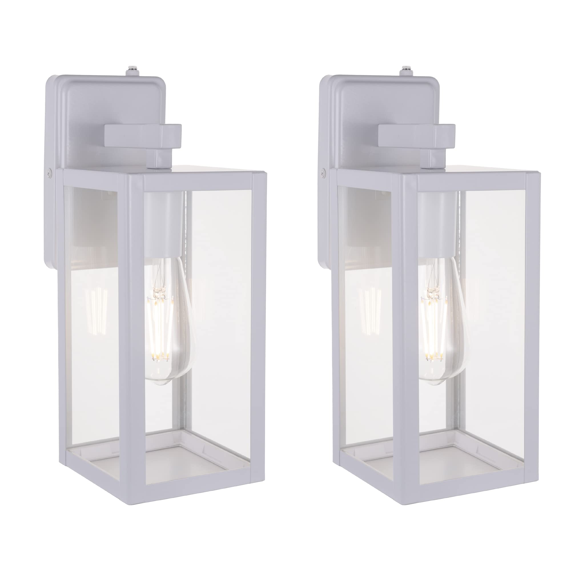 LIT-PaTH Dusk to Dawn Outdoor Wall Lantern, Wall Sconce as Porch Lighting Fixture with One E26 Base Max 60W, Metal Housing with Glass Shade, White, 2-Pack