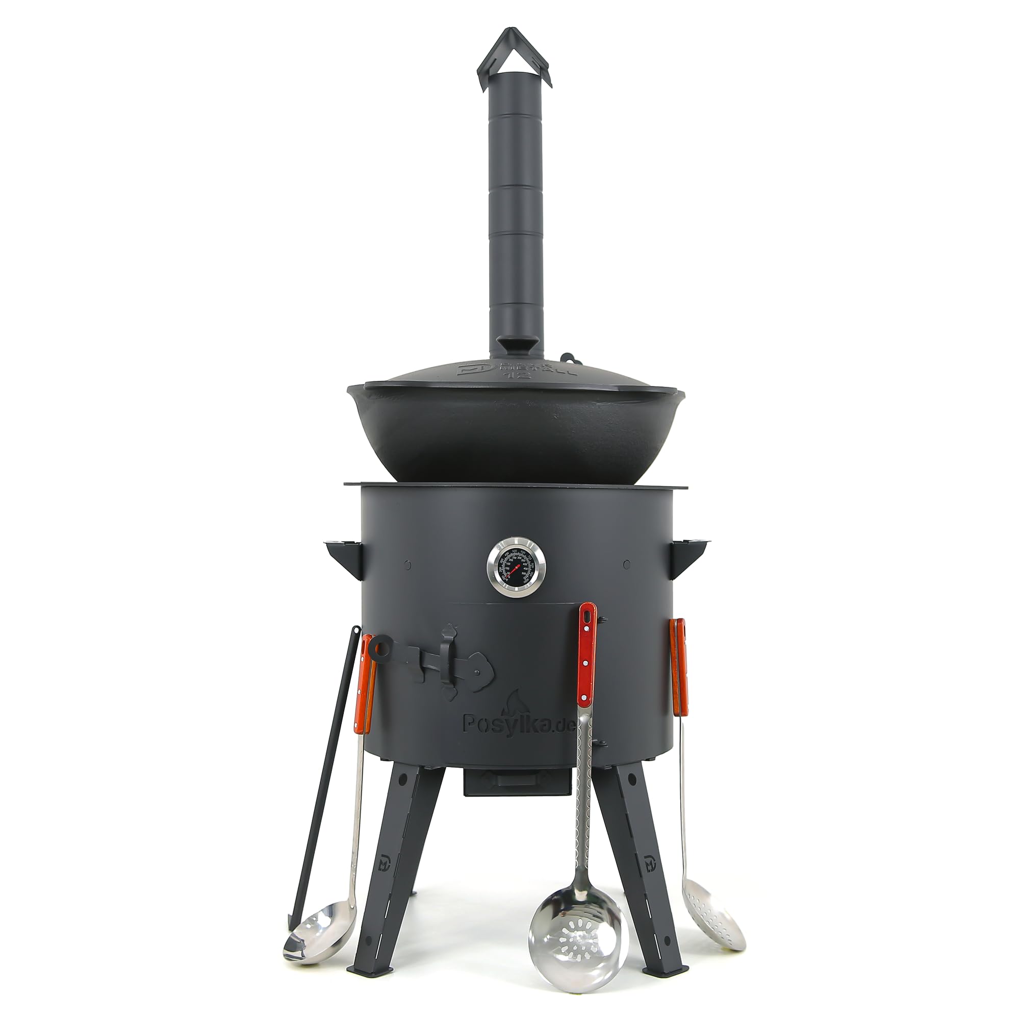 Utschak Uchag - Horno de fuego de 40 cm de diámetro, 2 mm, acero, 4 mm, Kazan, 12 L, base redonda con termómetro, cucharón para espumas Plov, Учак Учаг Uchag Asia (Set 508)