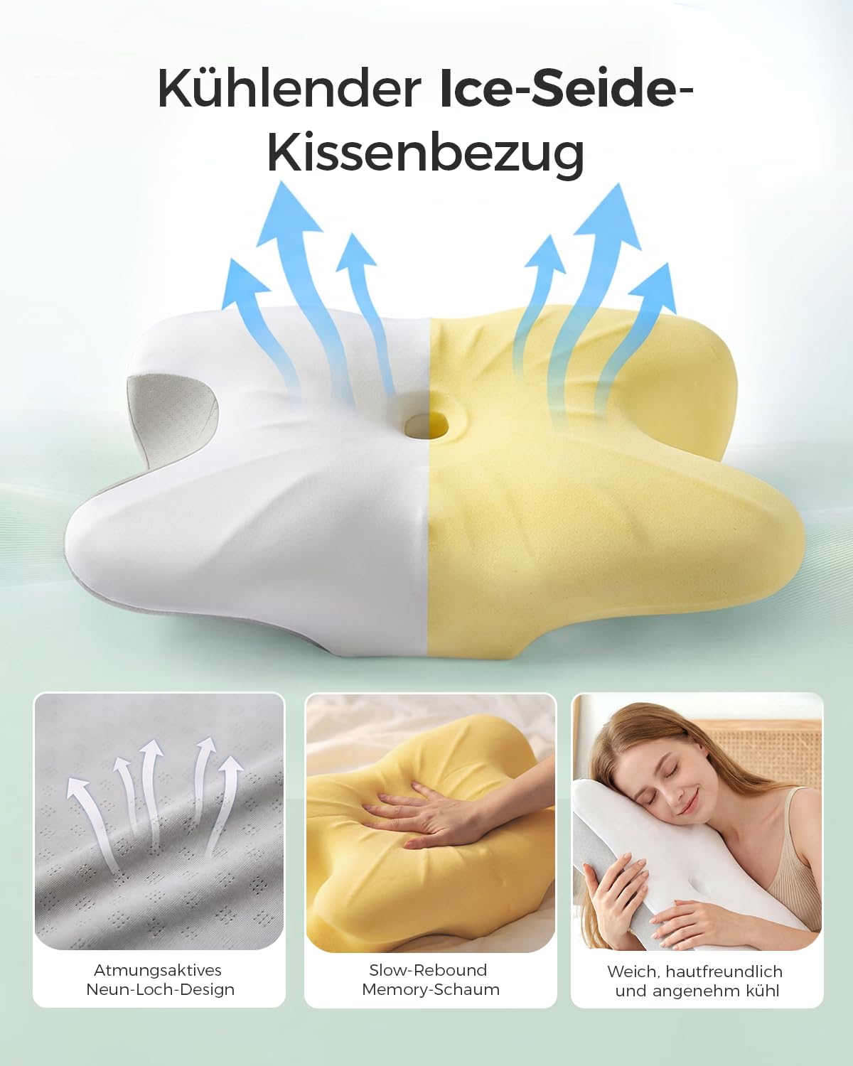 Almohada cervical ortopédica de espuma viscoelástica, cojín cervical ergonómico para una comodidad óptima para dormir, con zona de apoyo para brazos para dormir de espalda, estómago y de lado
