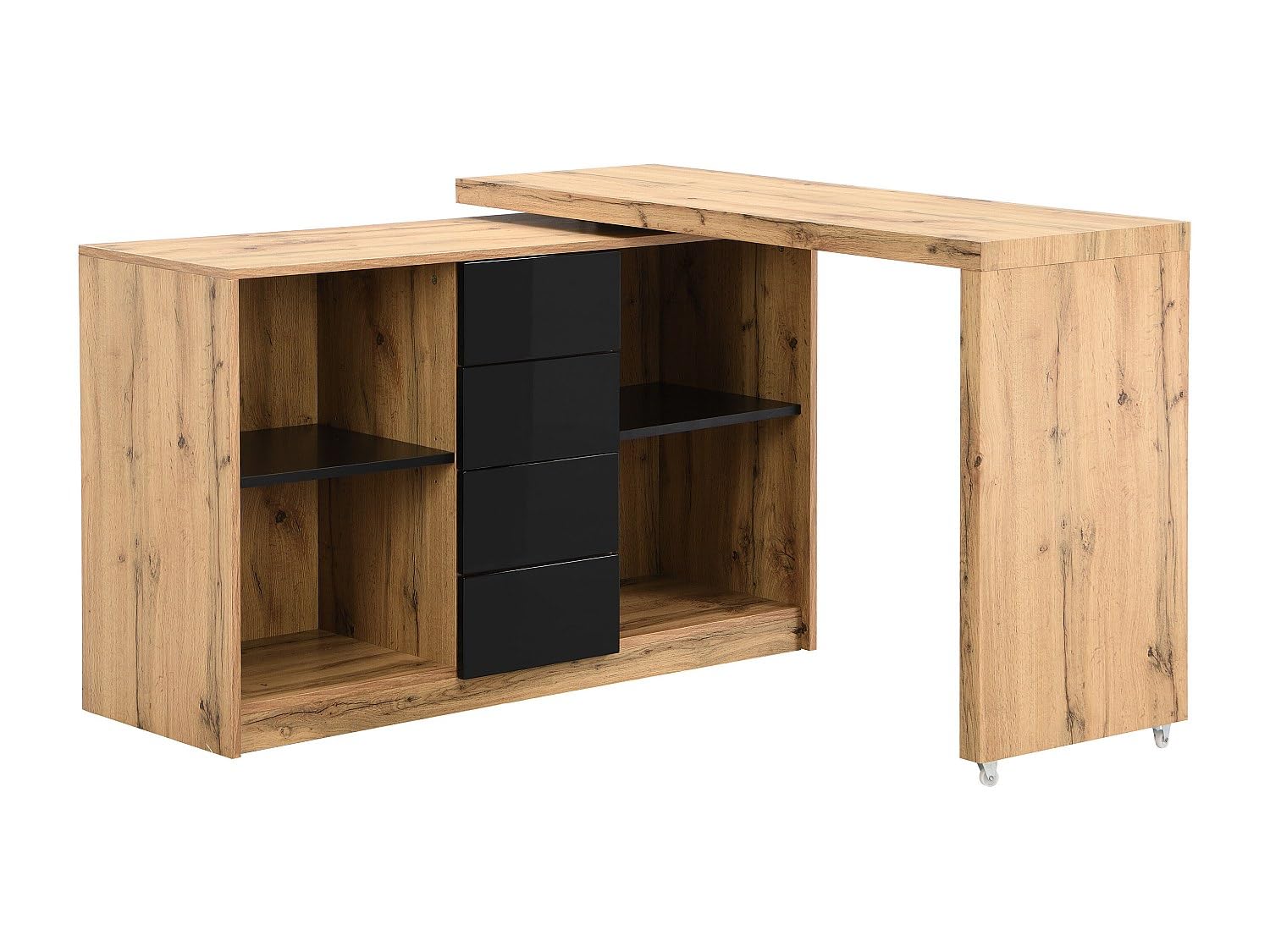 Vente-​unique - Bureau Extensible PAVELO avec Plateau pivotant 360° – MDF Coloris Naturel & Noir, Meuble modulable avec rangements intégrés, idéal pour optimiser l'Espace dans Bureau ou séjour