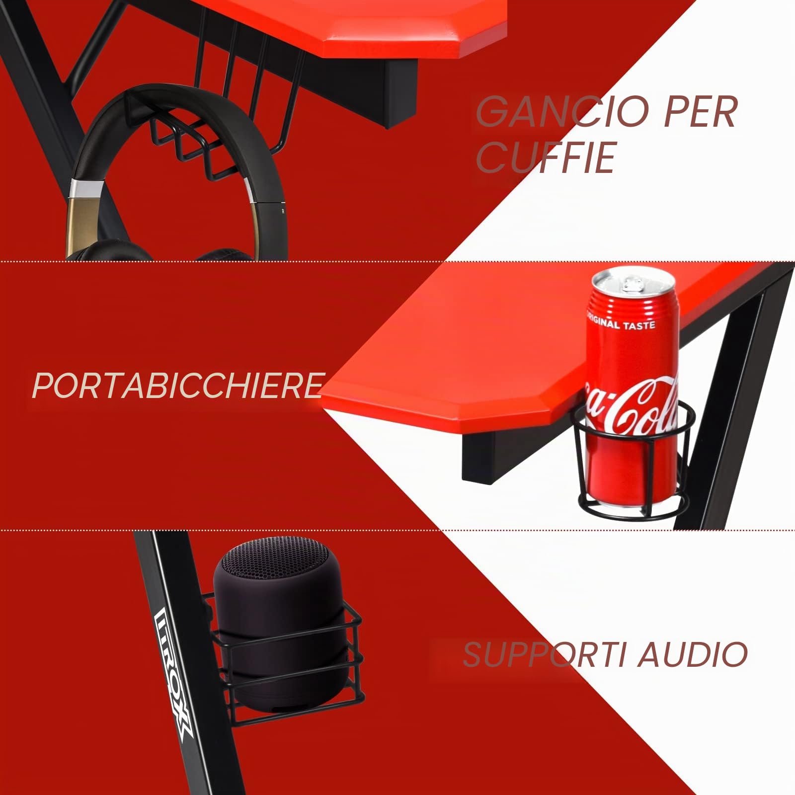 GIANTEX Scrivania Gaming a forma di Z, Scrivania Grande 120x60x76 cm, Scrivania da Gioco con Supporto per Bevande, Tavolo per Gaming o Computer, Ergonomica, Nero+Rosso