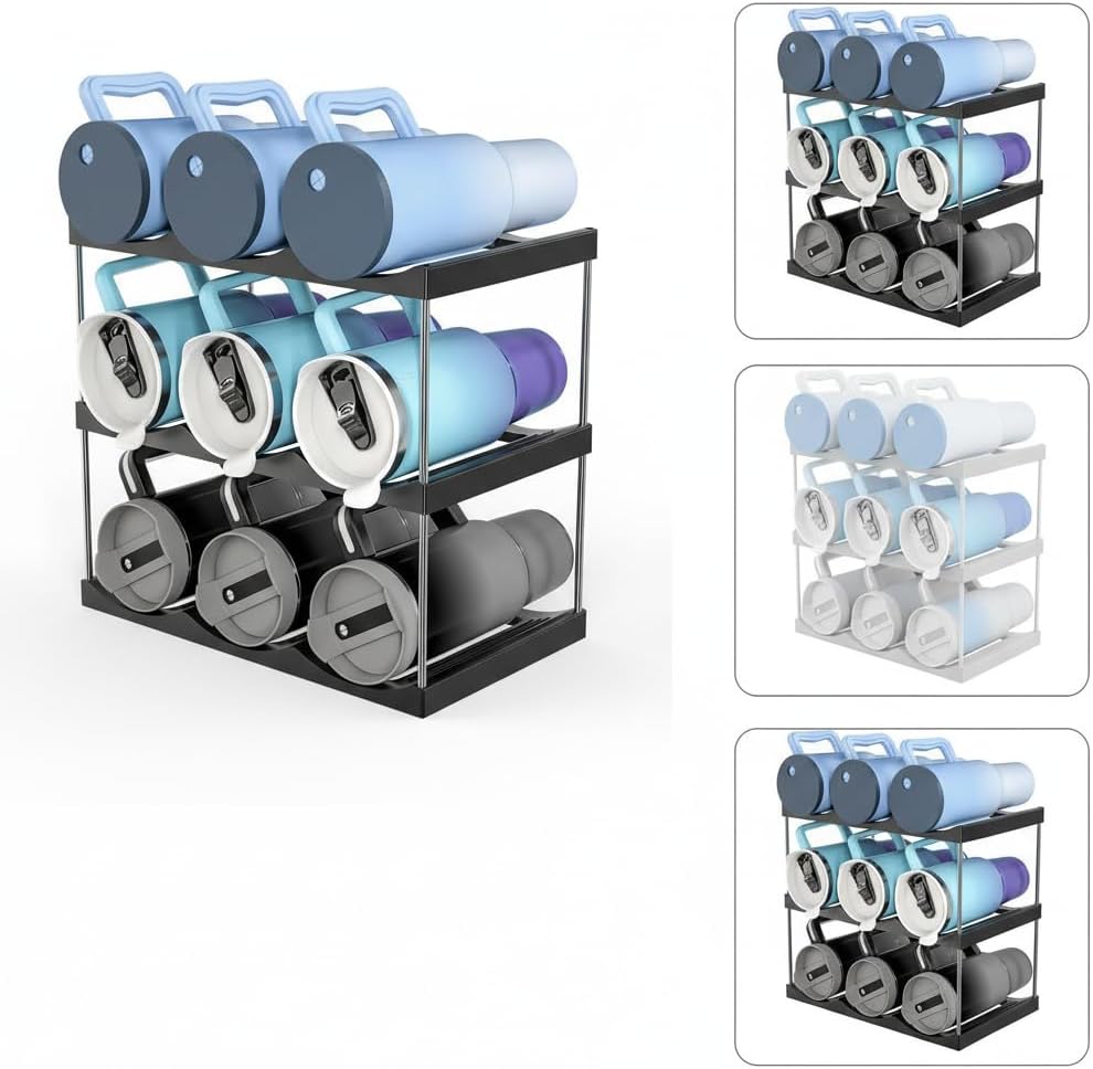 Clear Plastic Stackable Bottle Storage Rack, 9 Bottle Water Bottle Organizer Wine Holder, Kitchen Cabinet Pantry Countertop Organizer, No Tools Easy Assembly Fits 40oz Bottles (Three Floors)