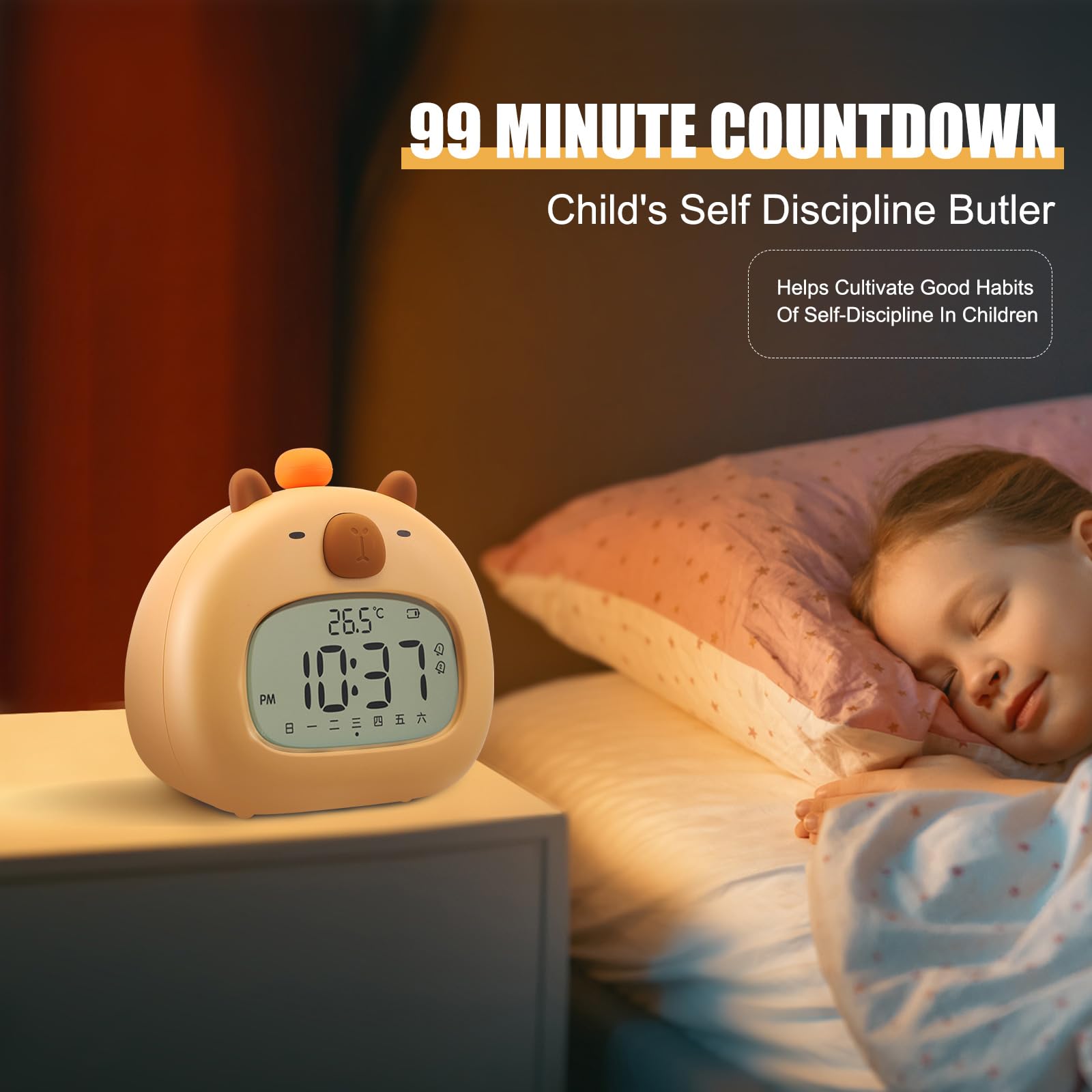 Réveil Capybara Pour Enfant – Veilleuse LED, 3 Alarmes, Date, Heure, Température – Rechargeable USB-C, 800 MAh, Jusqu’à 1 Mois D’autonomie