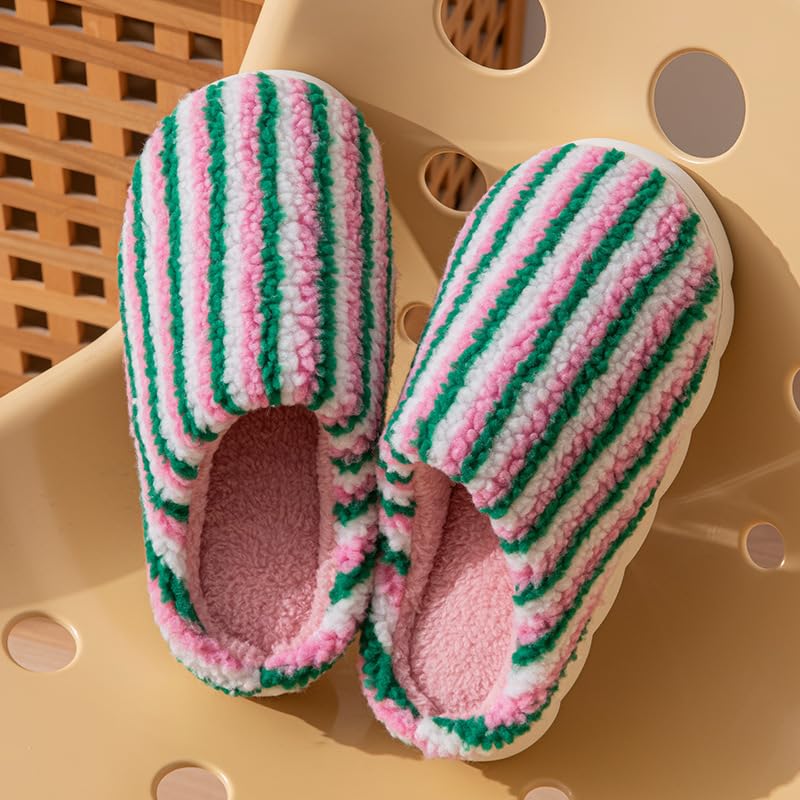 Women House Slippers with Colorful Stripe Cozy Non-Slip Warm Fuzzy Plush Home Shoes3