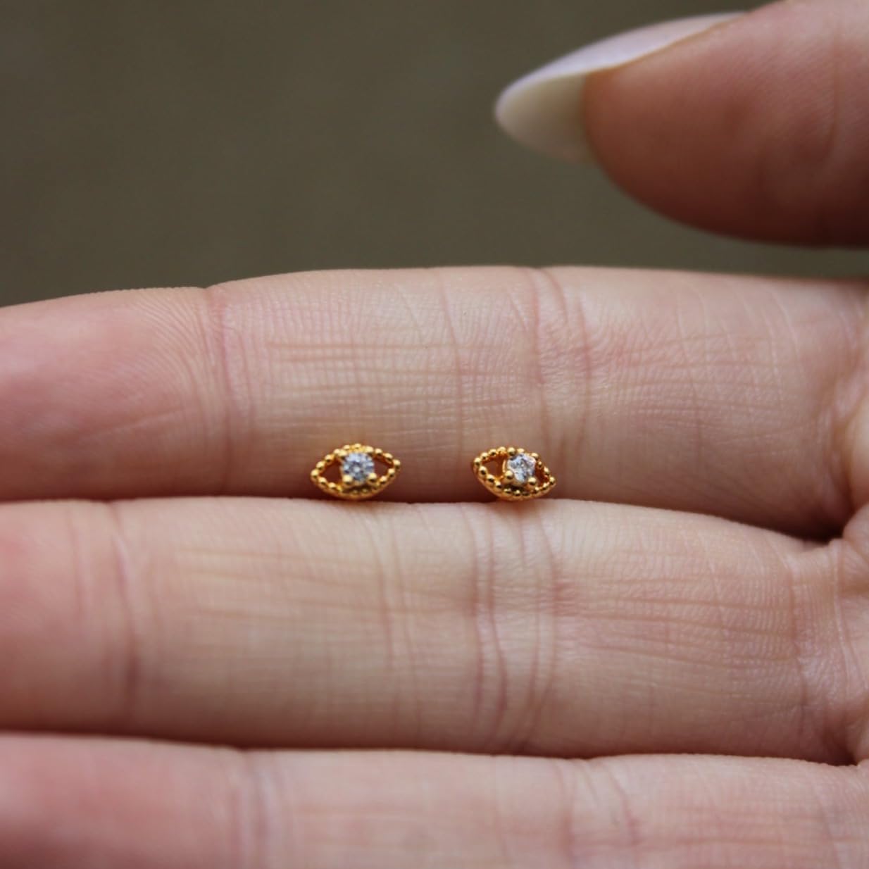 Evil Eye Stud Earrings – 18K Gold Plated Minimalist Studs with White Zircon, Dainty Hypoallergenic Protective Jewelry for Women by Malibu Sunday - Image 3