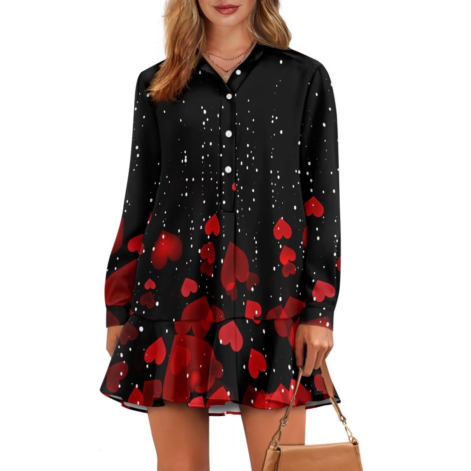 Yuosegray Button Down Dress for Women Long Sleeve Collared Pleated Swing Mini Dresses Layered Pleated
