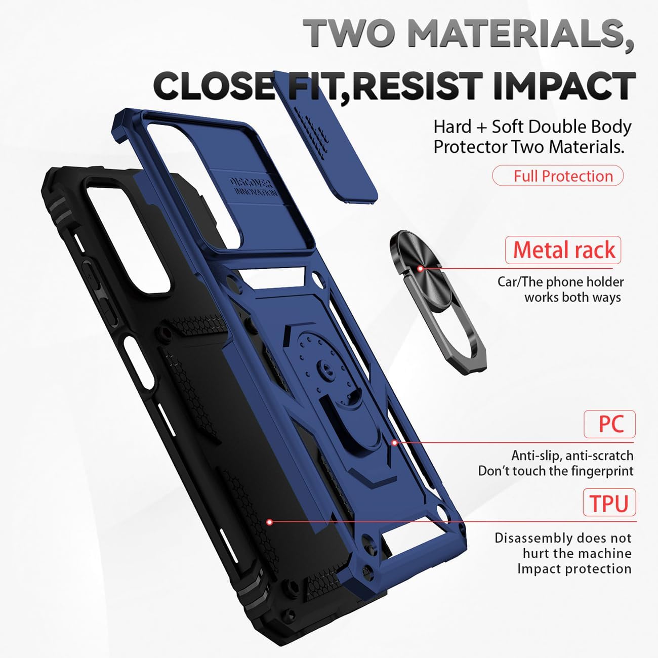 Case for Redmi Note 11 4G 2022 Case, Redmi Note 11S Case with Slide Camera Cover, Built-in 360° Rotate Ring Kickstand Magnetic Shockproof Phone Cover for Xiaomi Redmi Note 11 4G Blue - Image 3