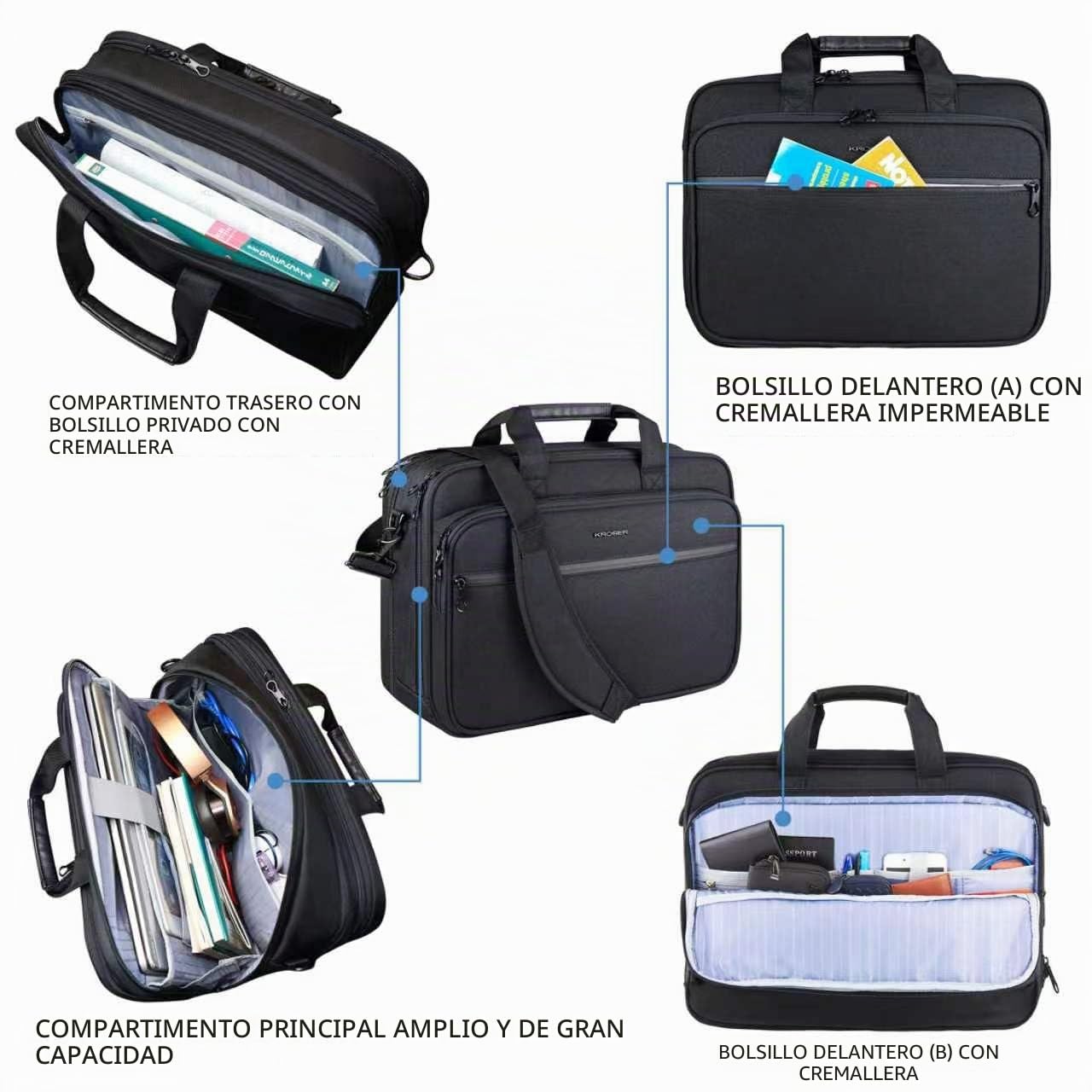 KROSER Bandolera para Portátil Maletín para Portátil Hidrófugo Peso Ligero Bolso de Mensajero para Portátil Bolsa de Ordenador para Viajes/Negocios/Escuela/Hombres/Mujeres