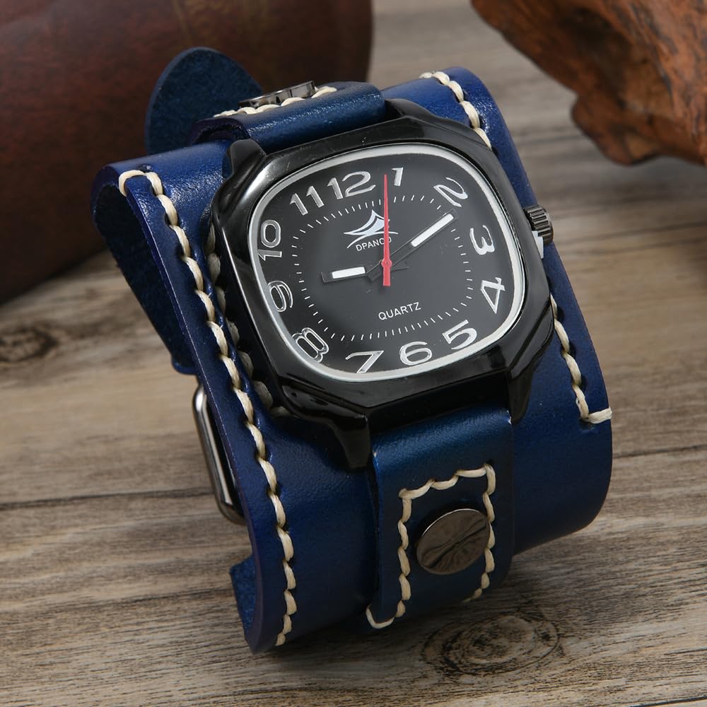 MINILUJIA Reloj para hombre hecho a mano con cuerda de cera cosida, vintage, punk, hip-hop, gótico, ancho, cuero suave, reloj Suqare de cuarzo, esfera grande