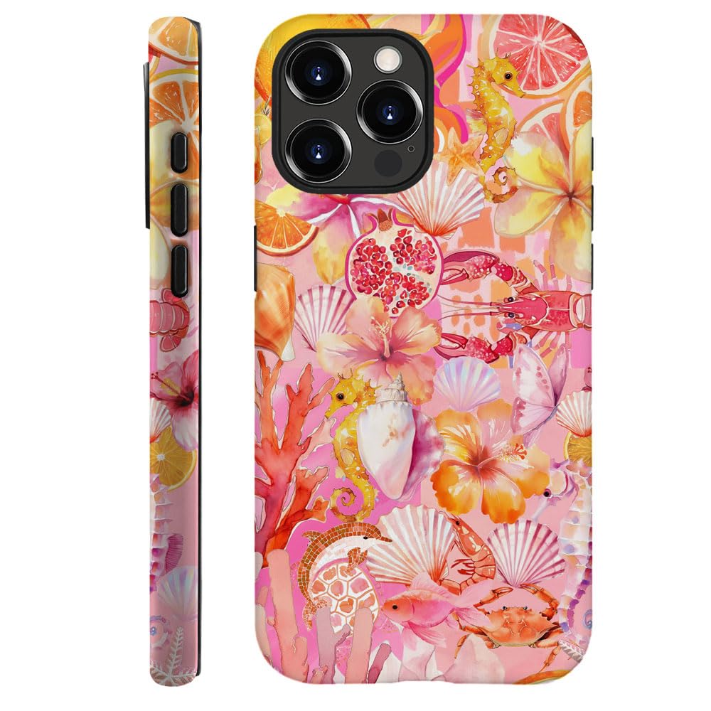 DAIZAG Case Compatible with iPhone 14 Pro,Durable Shock Protection Cover for Girl Women,Pink Seashell Orange Collage