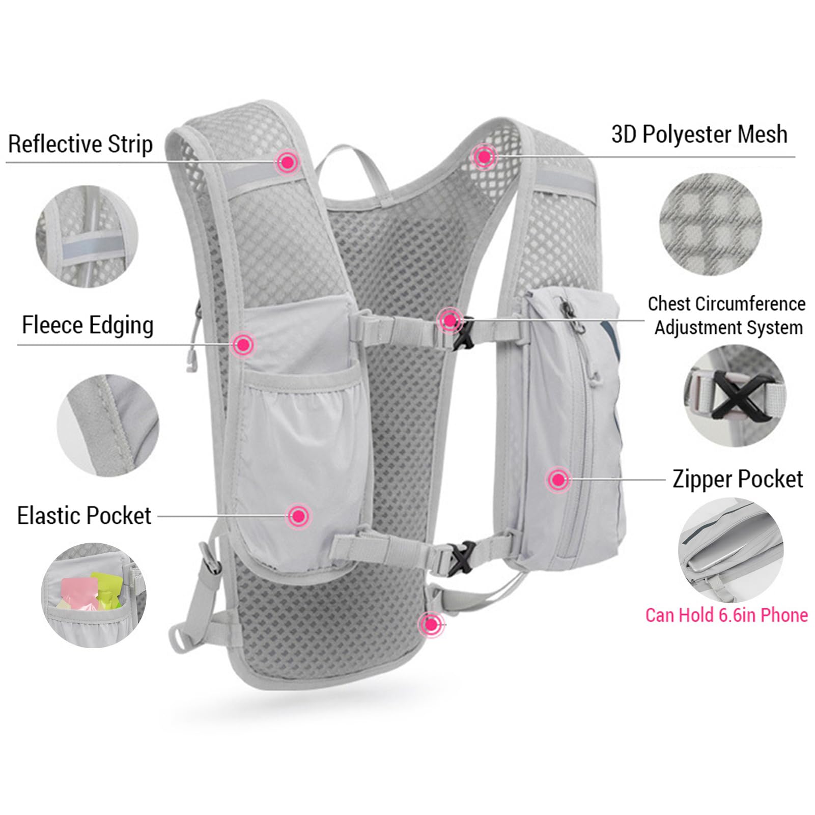 Mochila de Hidratación de 5 litros, Chaleco para Correr, Mochila Resistente Al Desgarro, Impermeable, Vejiga Hidratación, para Correr, Senderismo, Gris Claro y Oscuro