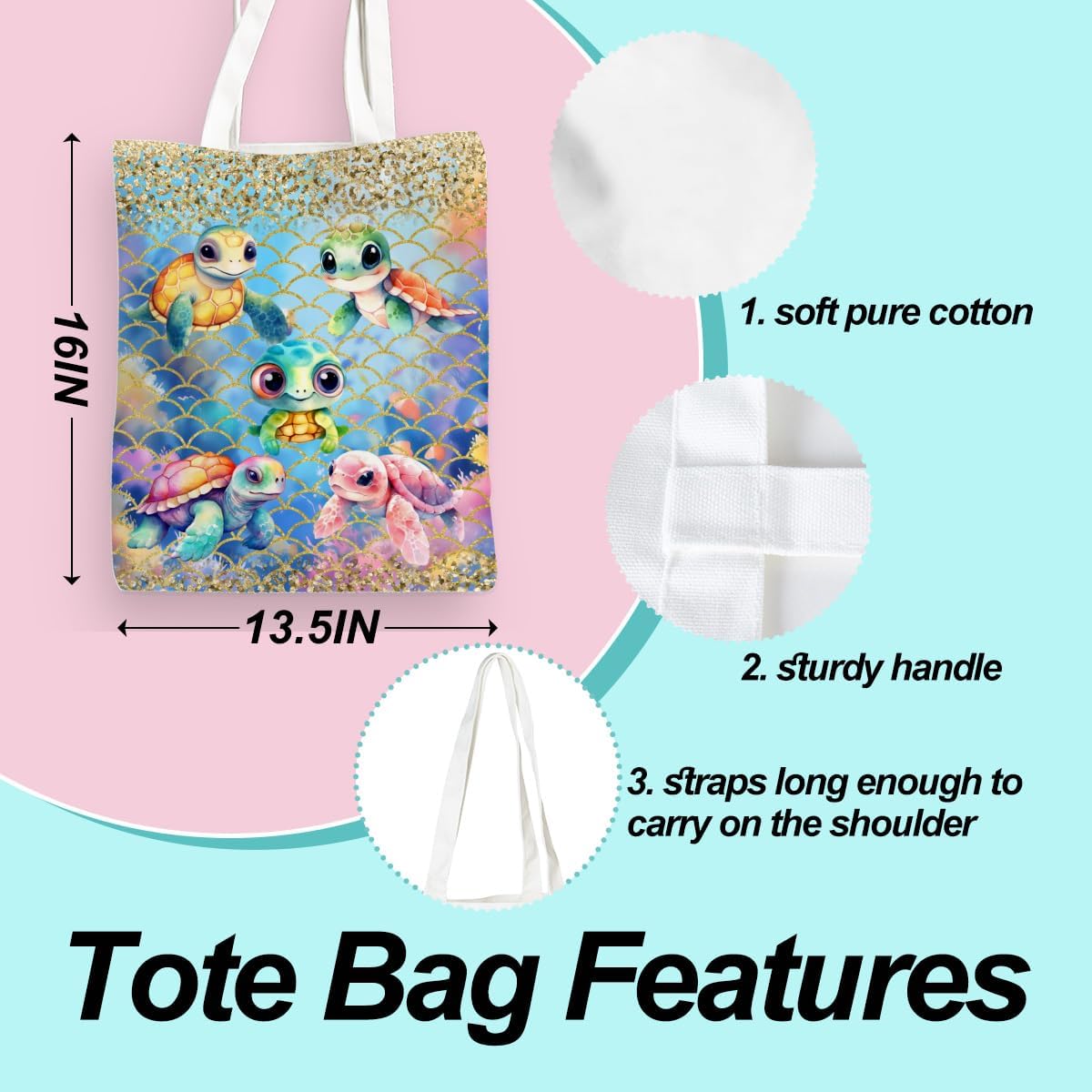 Turtle Stuff Sea Turtle Gifts Canvas Tote Bag for Women Girl Christmas Birthday Cute Beach Reusable Grocery Bags - Image 3