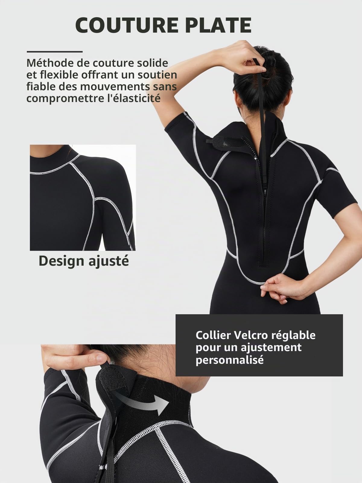 Owntop Combinaison Shorty 3/2mm Femmes - Combinaison de Plongée à Fermeture Éclair Arrière pour Plongée Surf, Manches Courtes Néoprène Extensible pour Sports Nautiques, Femme Noir L
