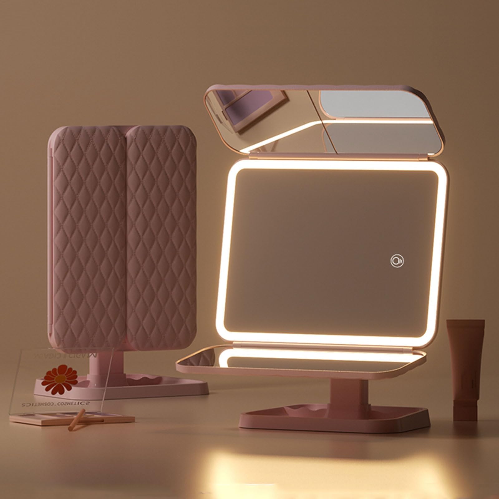 Espejo Maquillaje con Luz,1X/2X/3X Espejo Aumento de Mesa Tríptico,Espejo de baño LED con Interruptor táctil,3 Colores de luz,Regulable,para Baño Tocador,Mejor Regalo(Pink)
