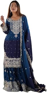 Women's Blue Embroidered Sharara Suit with Dupatta, Heavy Zari Work, Wear Price In India