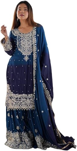 Women's Blue Embroidered Sharara Suit with Dupatta, Heavy Zari Work, Wear